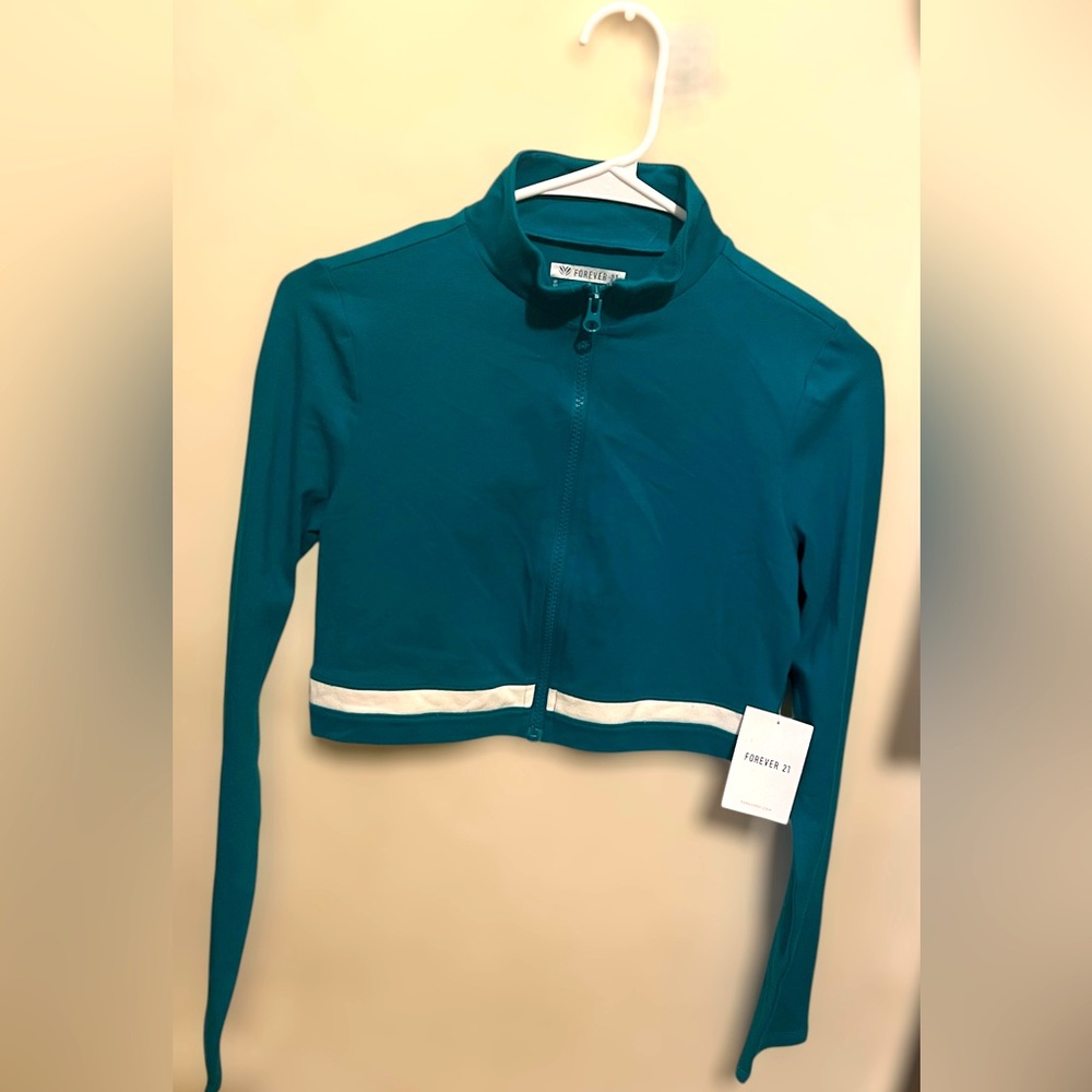 Forever 21 Teal Cropped Jacket with White Accent